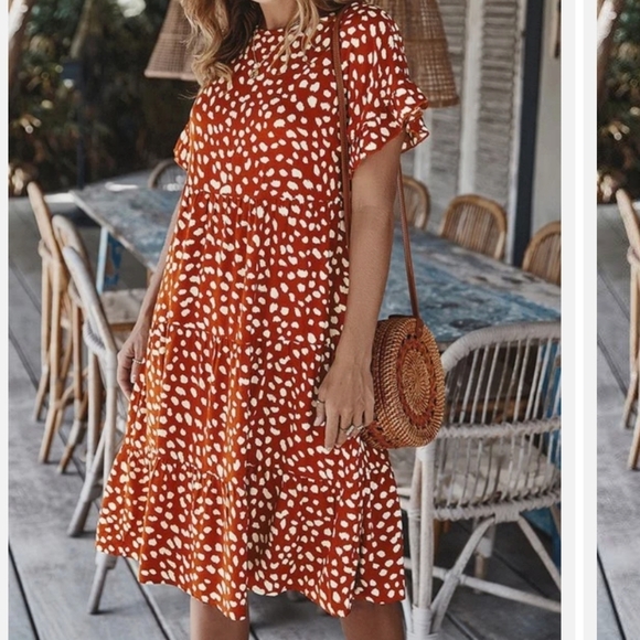 Cupshe The Gianna Dress women's Large dark orange spotted A-frame tiered dress - Picture 2 of 12